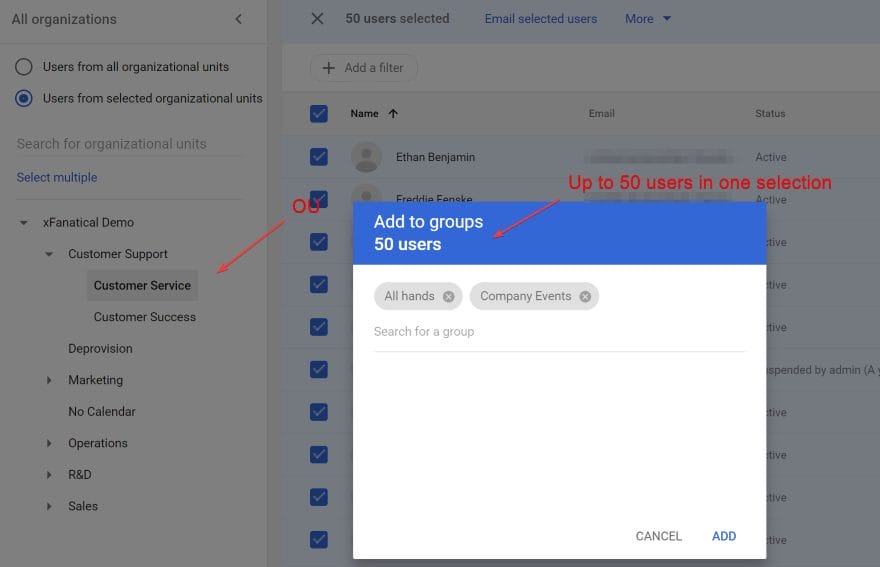 Admins can only add up to 50 users into groups at a time in Google Workspace