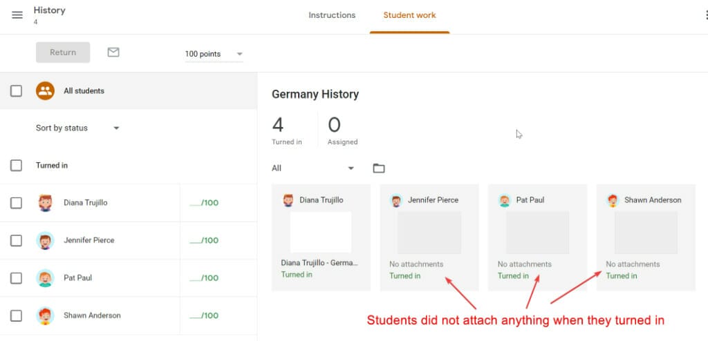 Students turn in empty assignments in Google Classroom