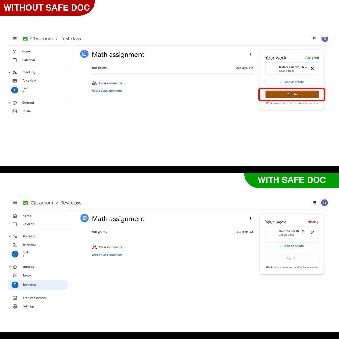 xFanatical Safe Doc blocks Turn in option in Google Classroom