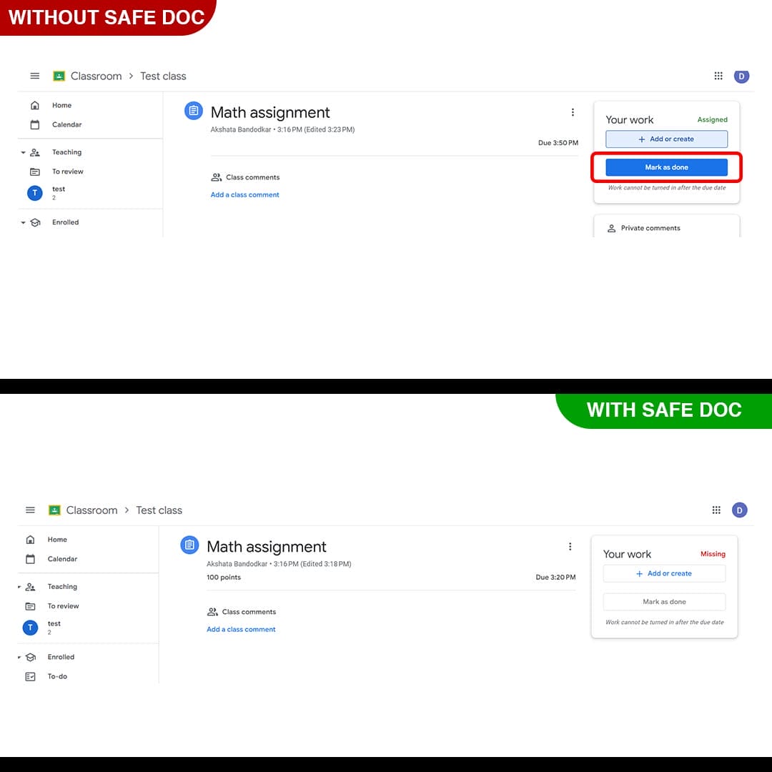 xFanatical Safe Doc blocks the Mark as done option in Google Classroom