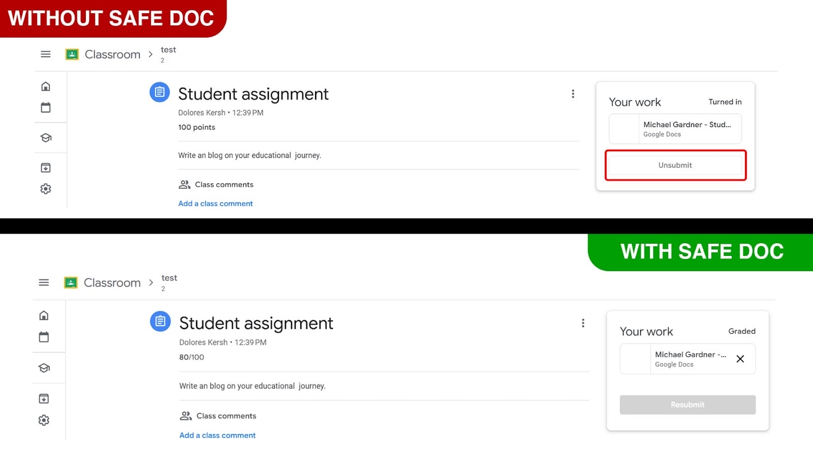 xFanatical Safe Doc removes the Unsubmit option in Google Classroom