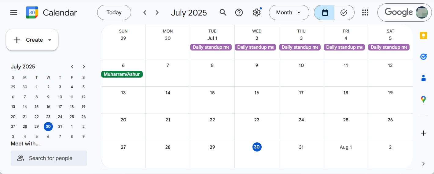 Google Calendar interface