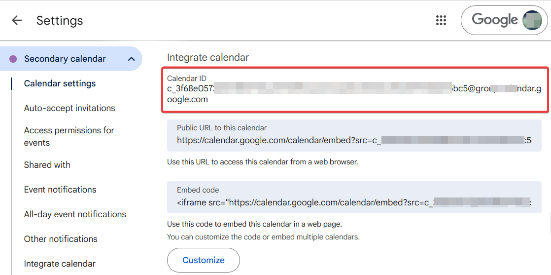 Google calendar Id