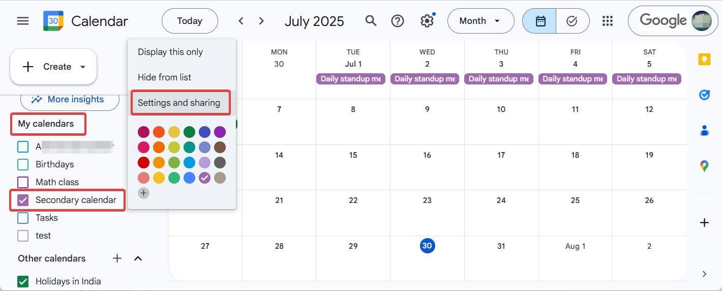Google calendar settings