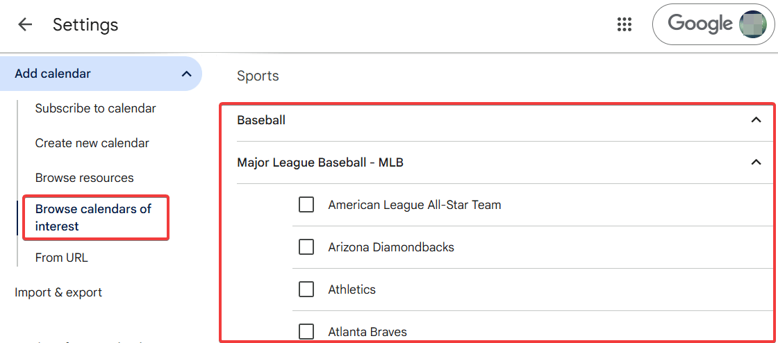 Select sports calendar
