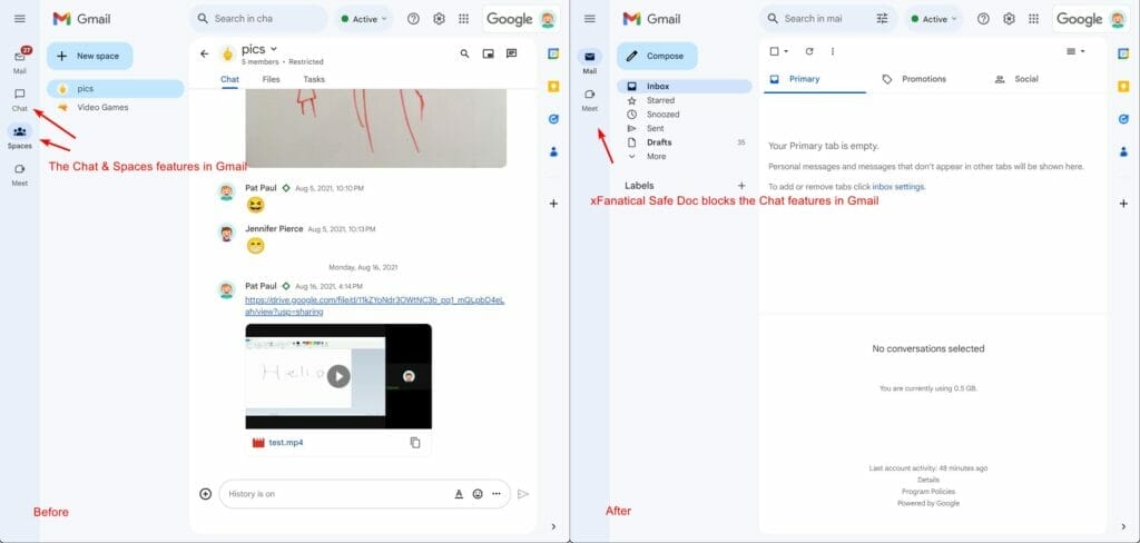 xFanatical Safe Doc blocks the Chat and Spaces features in Gmail
