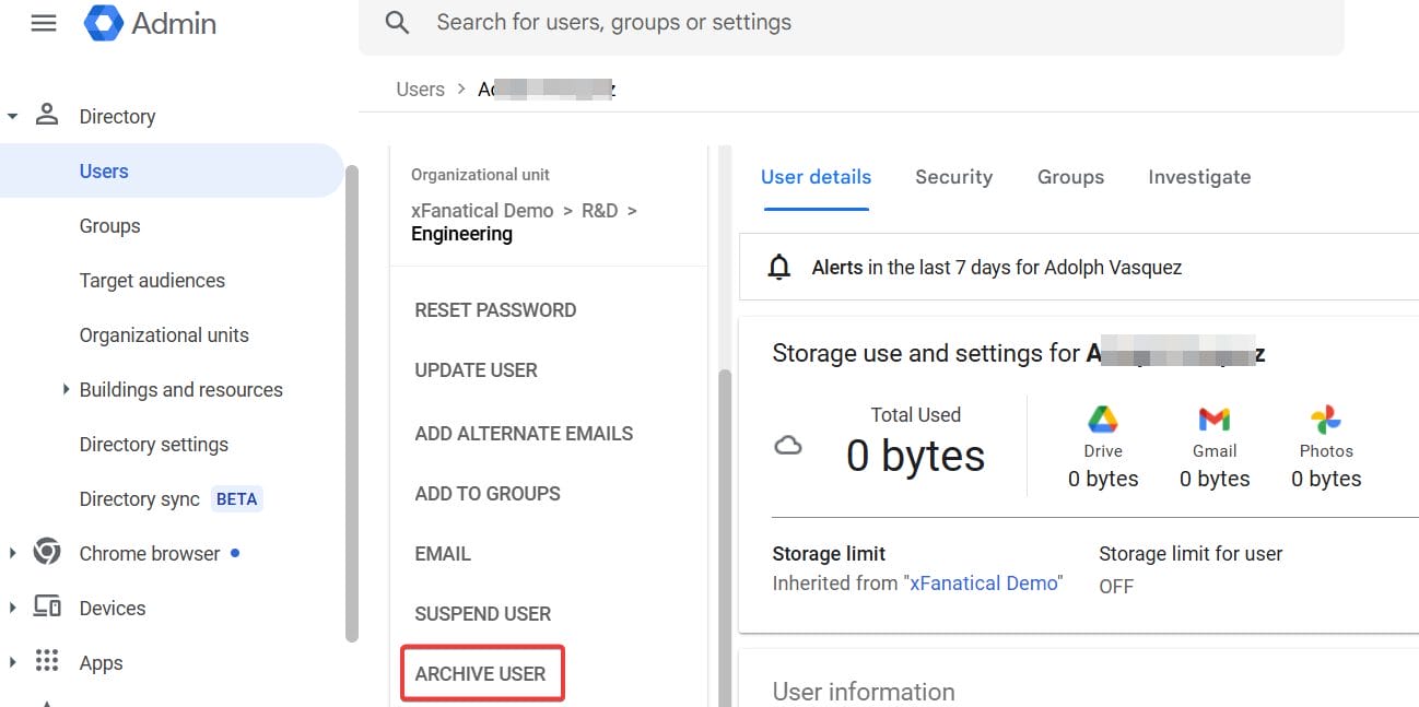 Archive user detail page