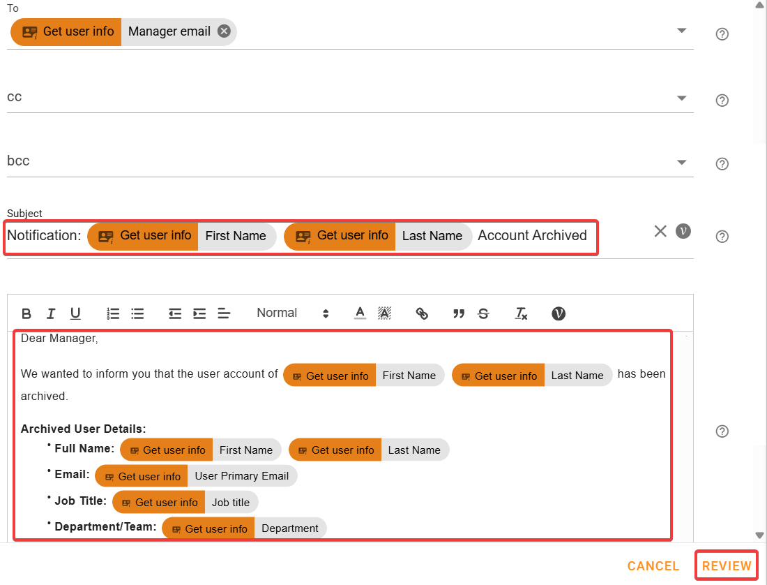 Customize the email subject and content.

