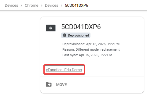 Google Admin Console chrome device page, shows current OU.