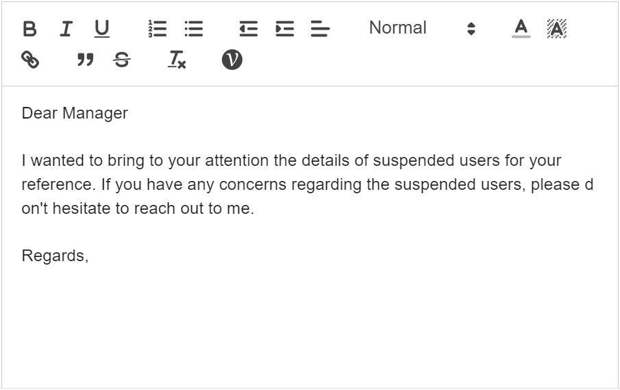 Compose an email containing the details of the suspended user