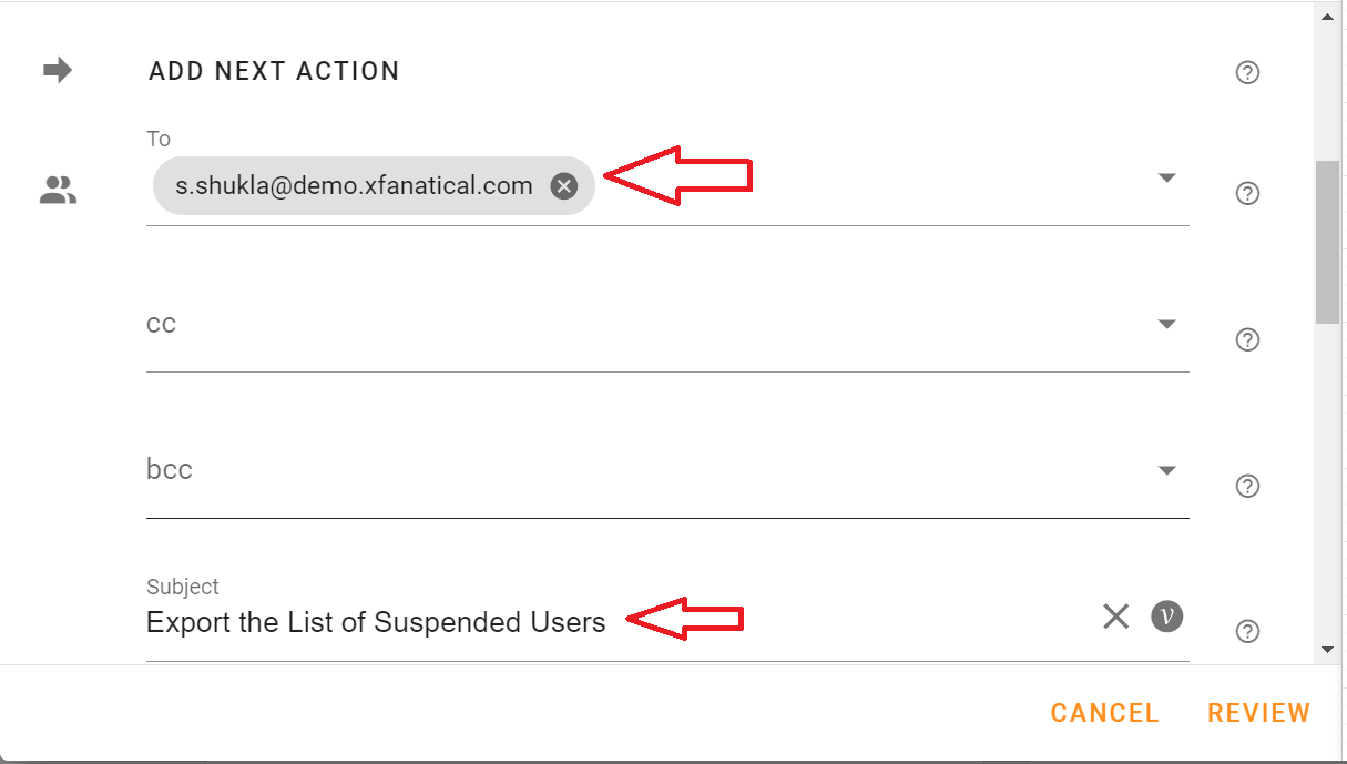 In a edit screen of Email action Add To reciepent and Add a subject line