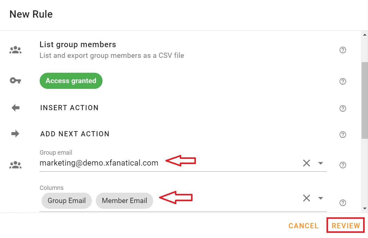 In the Group email field, select the Marketing and click Review