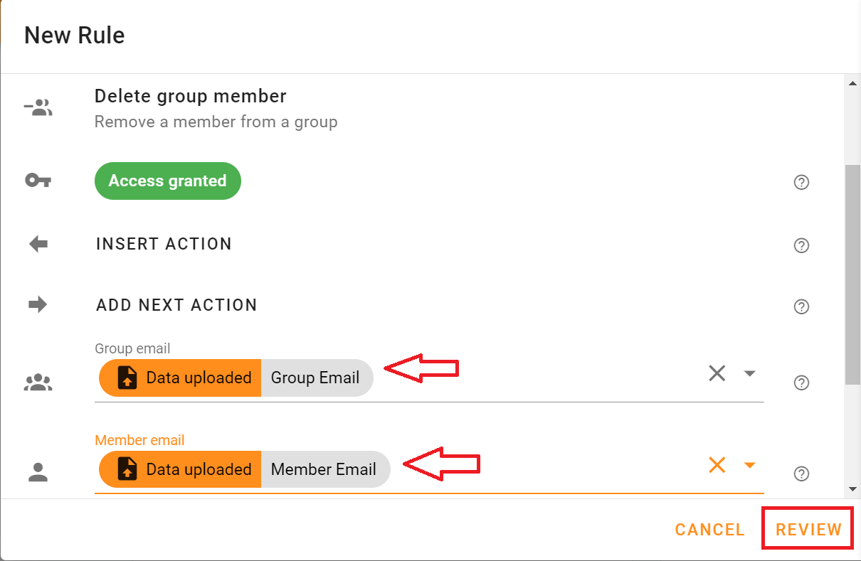 Select the Group Email and Member Email then Click Review