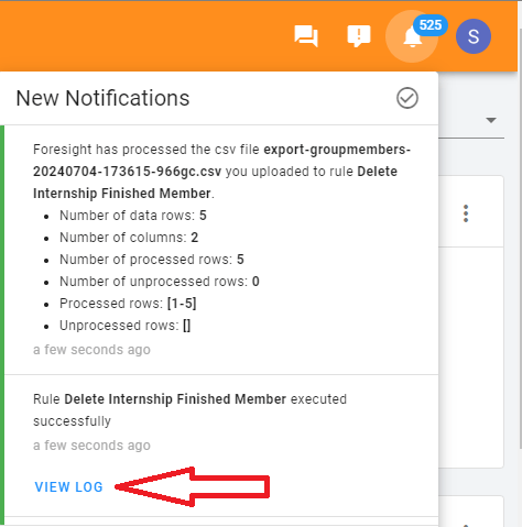 Under the notification bell icon, click View Log to access the log details directly