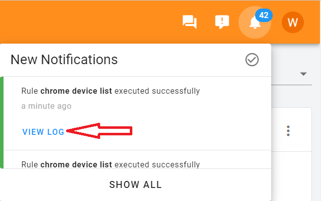 Under the notification message, there is a View Log button. Click the View Log button to access the log details directly