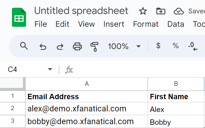 create a Google Sheet with two columns Email Address and First Name