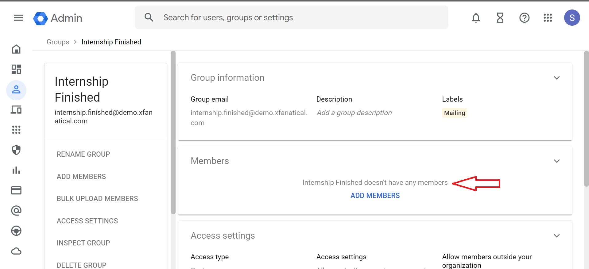 Additionally, you can confirm this in the Google Admin console. You will see that all the members from the Internship Finished group have been deleted.
