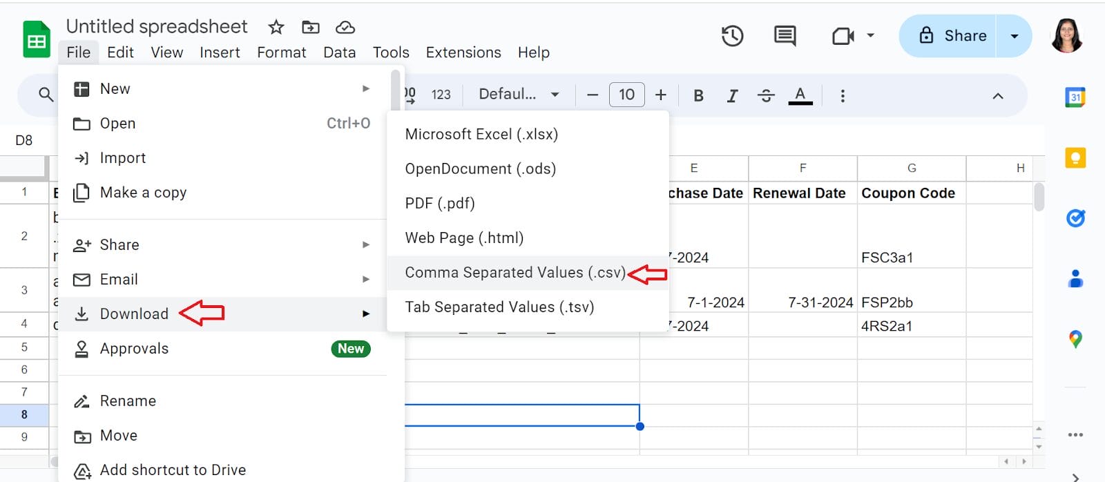 select Download, and choose Comma Separated Values