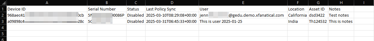 CSV file downloaded from log screen
