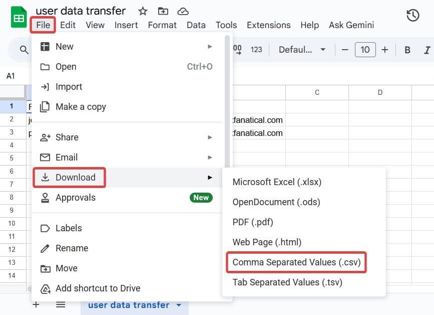 Download Google Sheet as CSV file