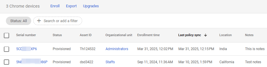  Chrome devices list on Google admin console