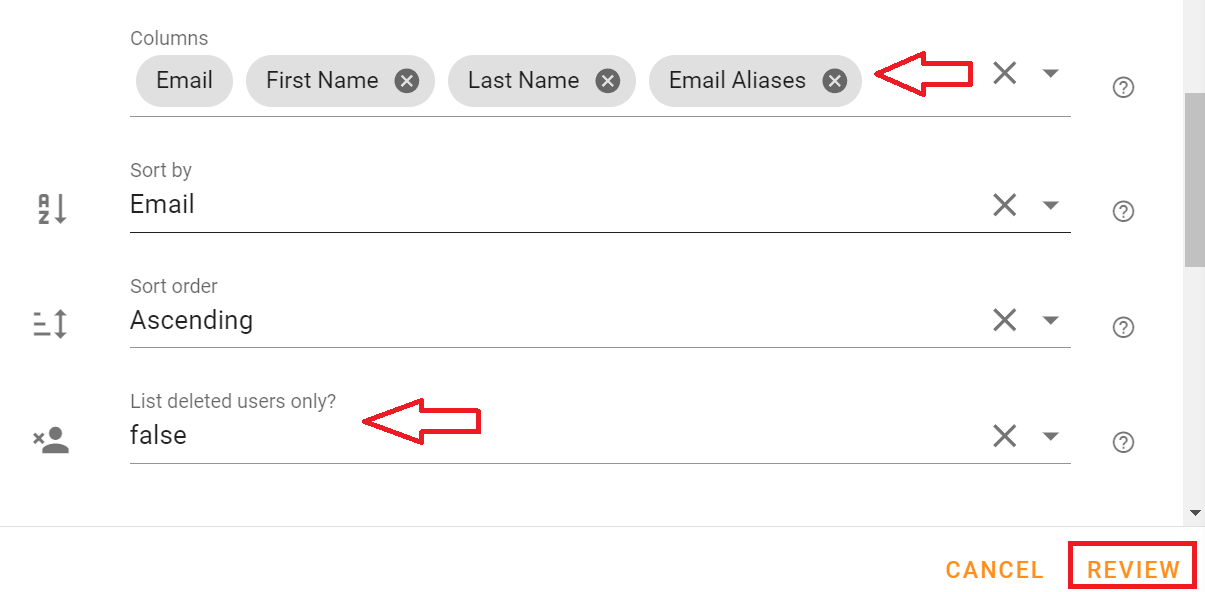 Navigate to the Columns section, where First Name, Last Name, and Email are already loaded. Choose Email Aliases from the drop-down menu, set List deleted