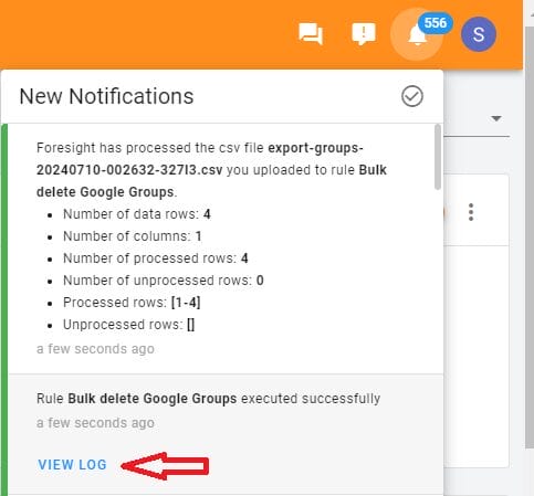 Verifying Results
A notification will appear in the top right-hand corner. Click on it, then select View log.
