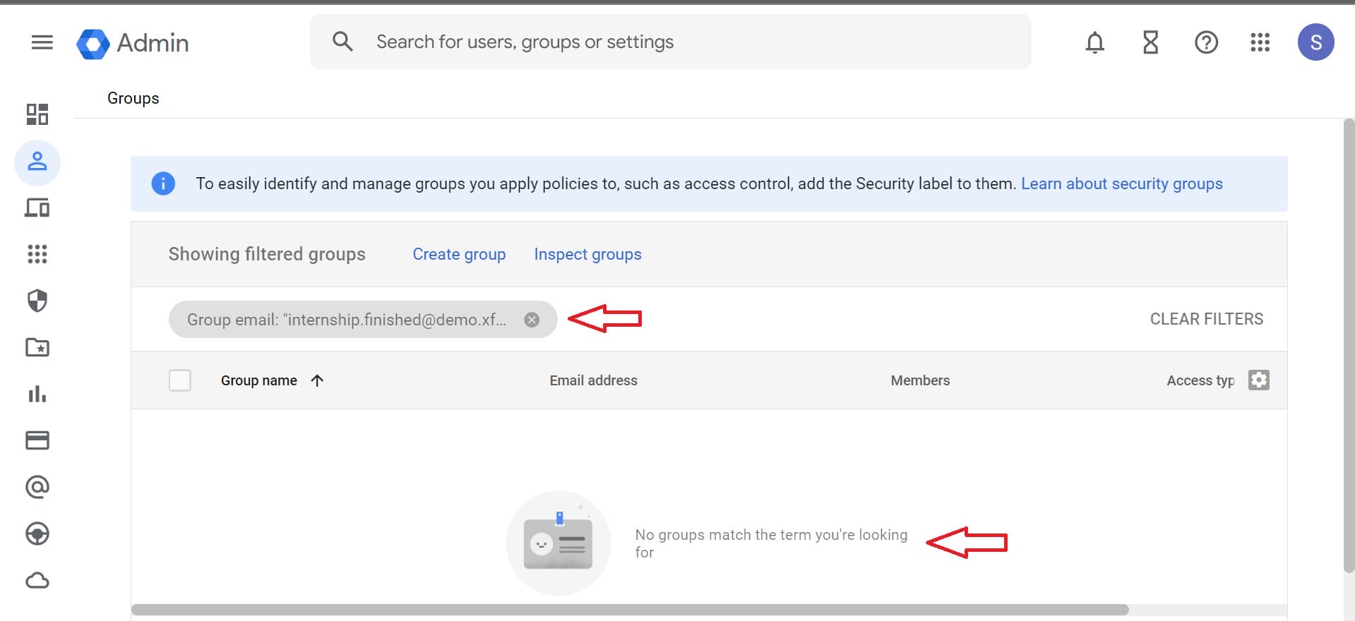 Now, verify the results in the Google Admin console. You will see that the 4 groups have been successfully deleted. Use the email filter to search for these groups, and you'll find that all of them have been removed.
