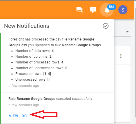 Verifying Results
A notification will appear in the top right-hand corner. Click on it, then select View log.
