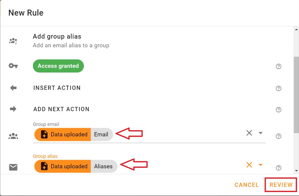 Select Email in the Group email field and Aliases in the Group alias field. 
