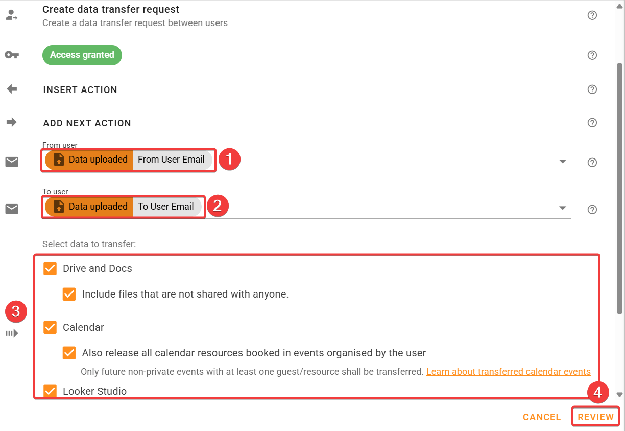 Customize create data transfer request action for bulk data transfer between users rule.