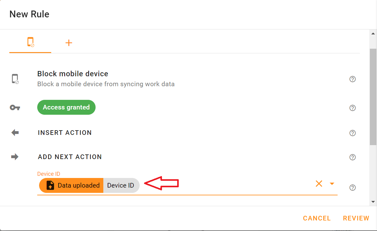 In the Edit action screen, select the device ID, in the Device ID field