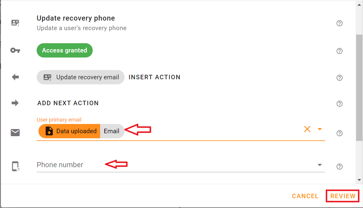 Select Email in the User primary email field. Leave the Phone number field empty.