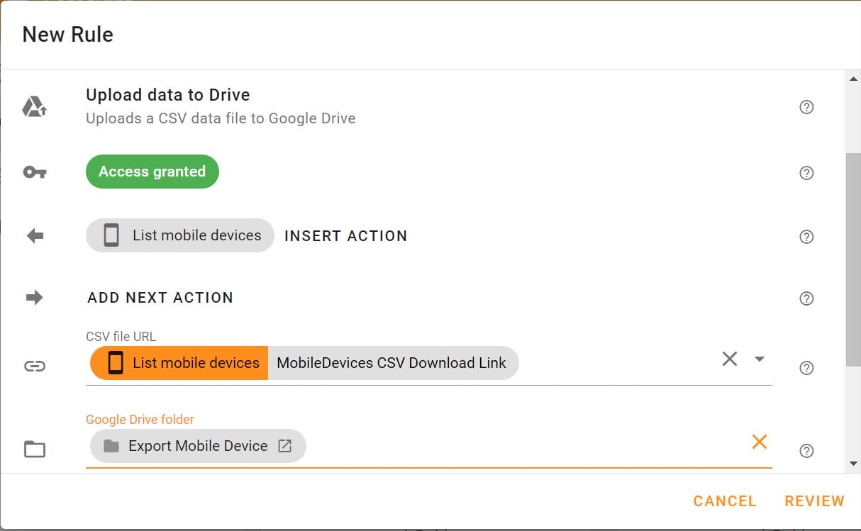Select the MobileDevices CSV Download Link in the CSV file URL field and choose the Drive folder in the Google Drive folder field