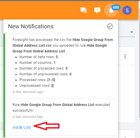 A Notification will appear in the top-right corner of the Rules page. Click View All to review the execution status of the rule