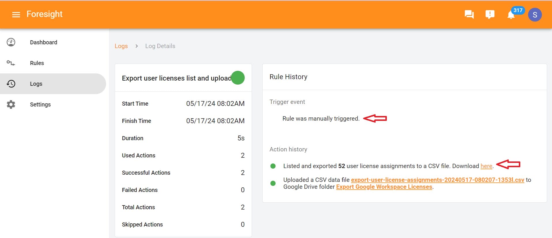 Additionally, navigate to the Logs page to confirm the successful execution of the rule