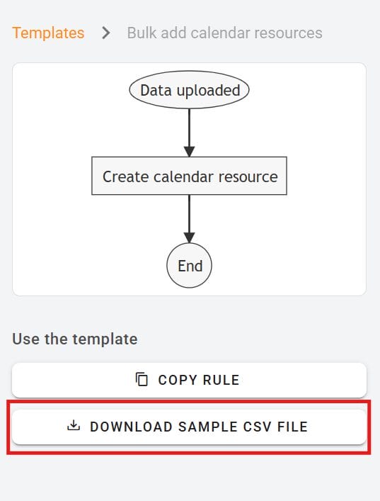 Download Sample CSV file button on Bulk add calendar resources template page