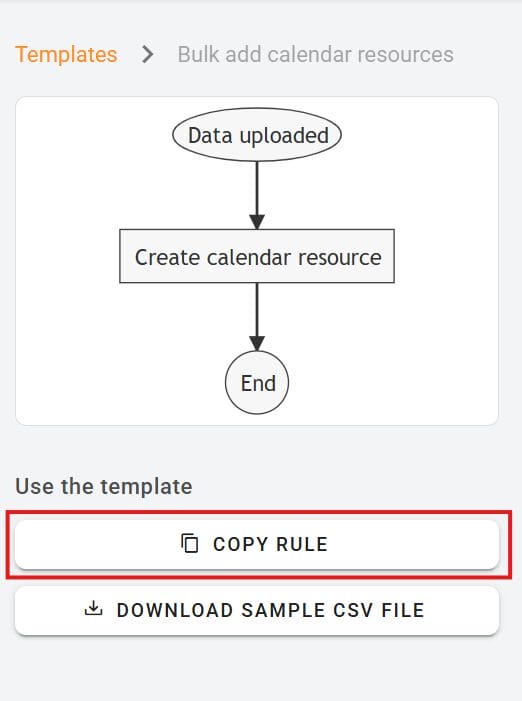  Bulk Add calendar resources template with copy rule and download sample csv file buttons.