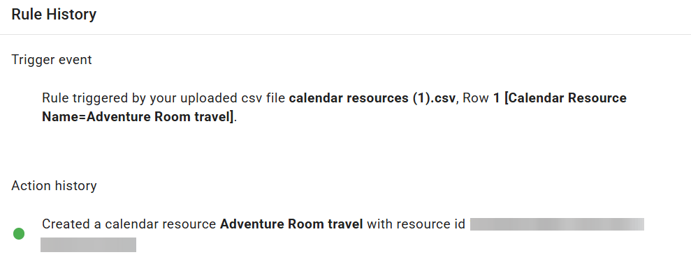 Log of successful execution of Copy of Bulk add calendar resource rule with resource name and id