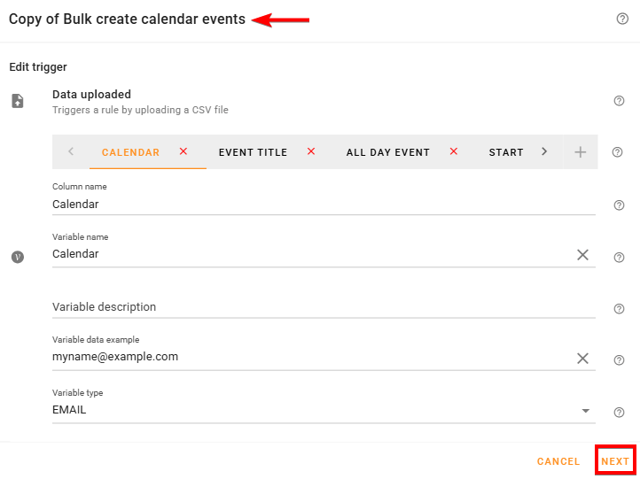 Click next button at the bottom of copy of bulk create calendar events dialog in xFanatical Foresight