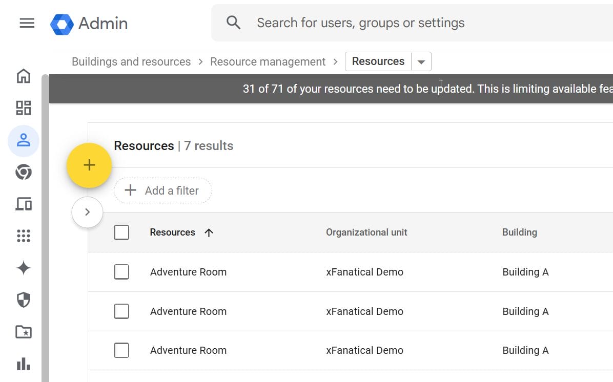  Google admin console showing different resources added to it