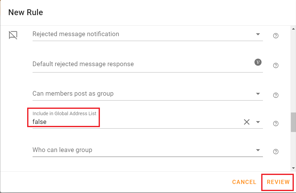 Keep all the other settings unchanged. Only select Include in Global Address List and set it to false. 
