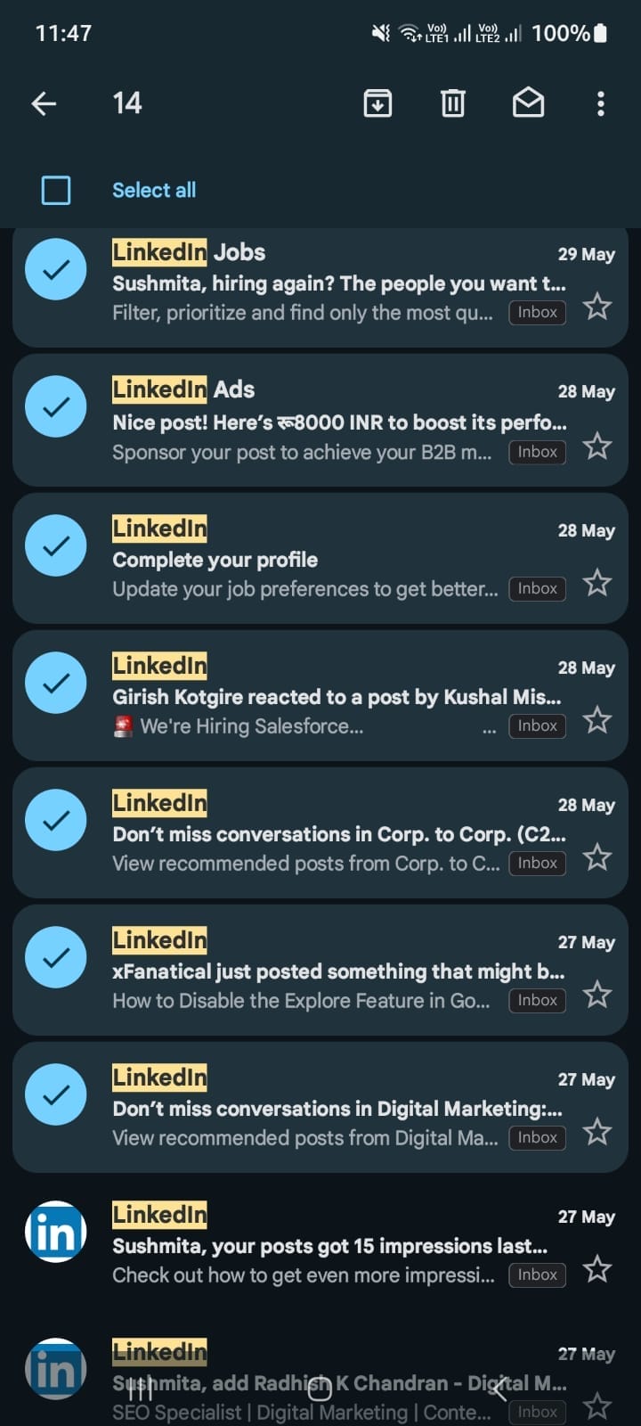 Mobile interface of Gmail Account