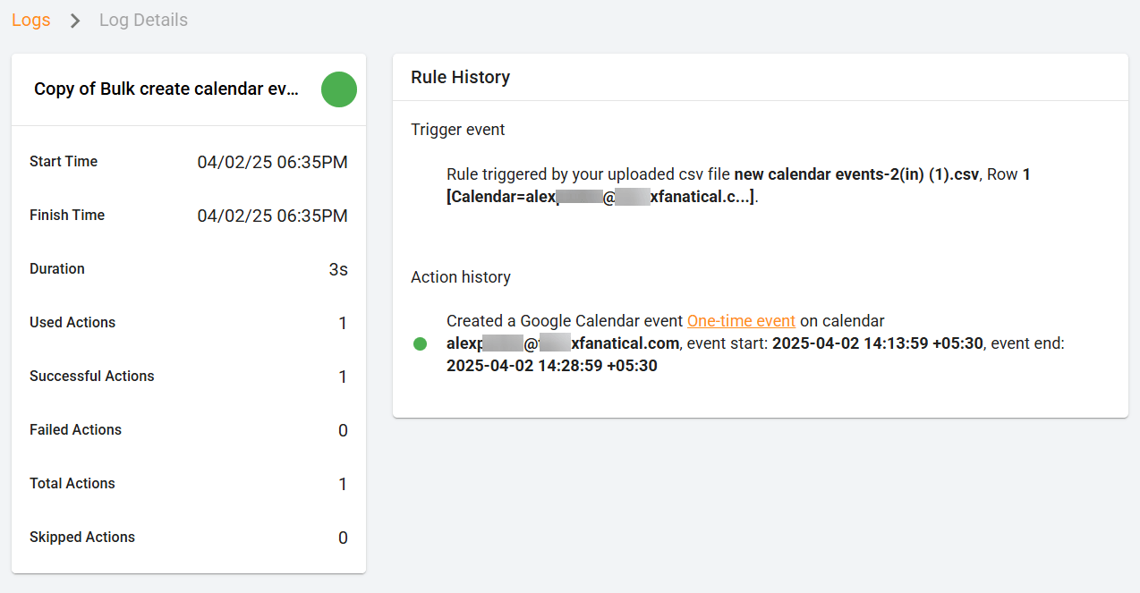The copy of bulk create calendar events automation history in xFanatical Foresight, including the automation data, trigger event and action history.