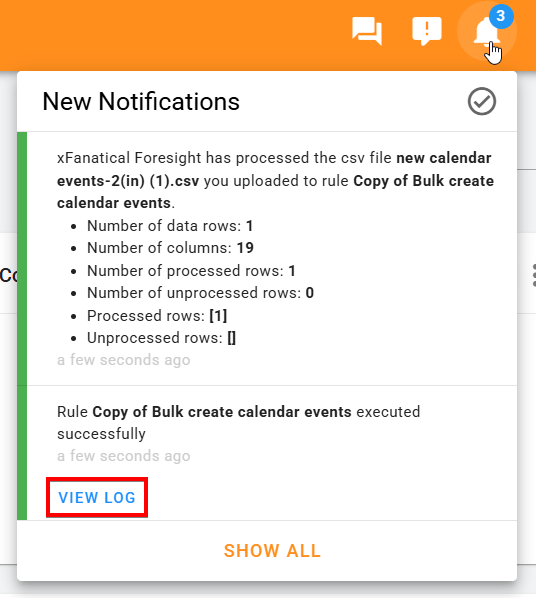 Receiving in-app notification for successful execution of copy of bulk create calendar events automation