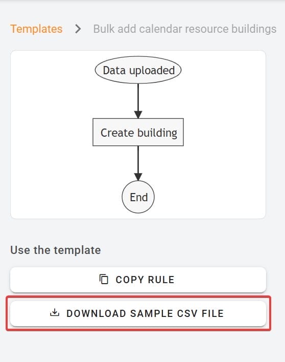 Bulk add calendar resource buildings template page with download sample CSV file button.