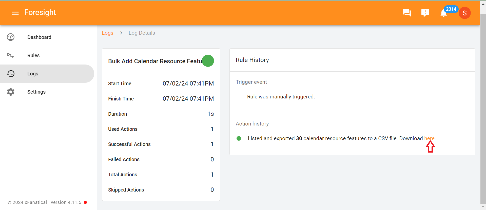 Download the CSV from the Logs page