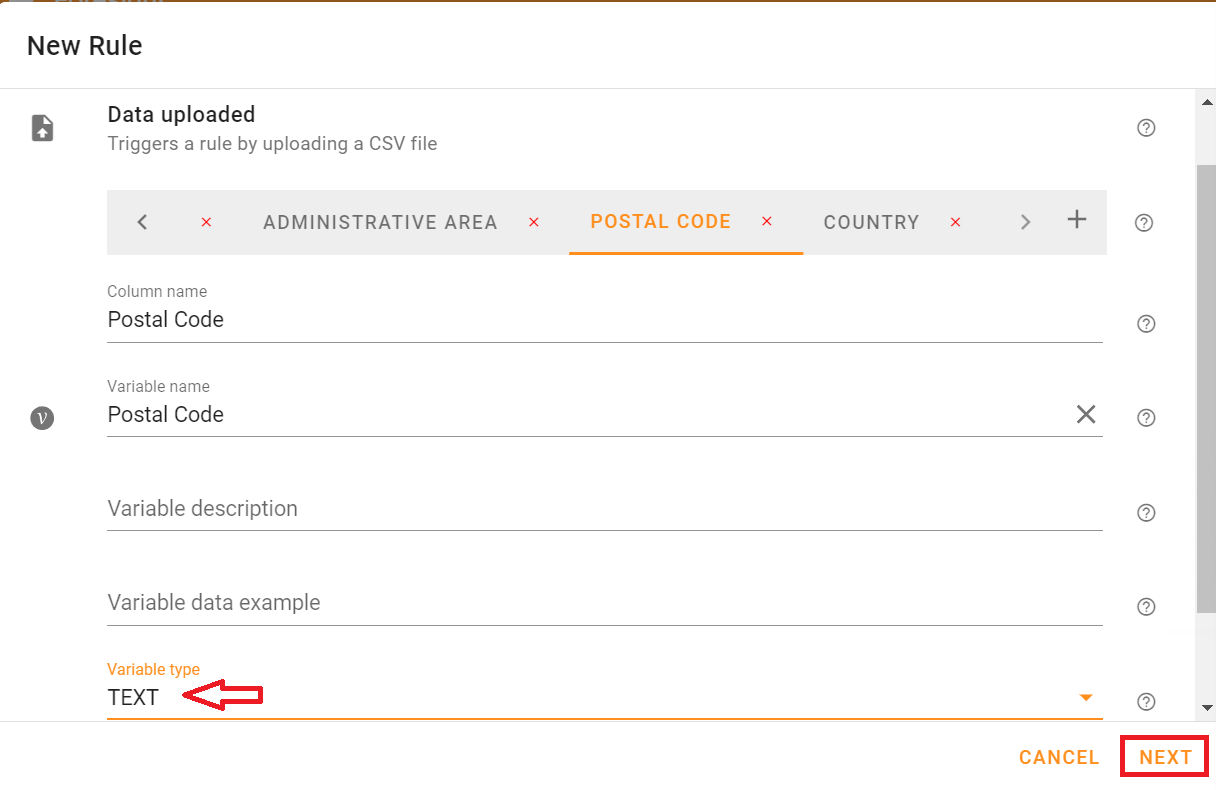 In the CSV parsed screen, make sure the Type of Postal Code to TEXT