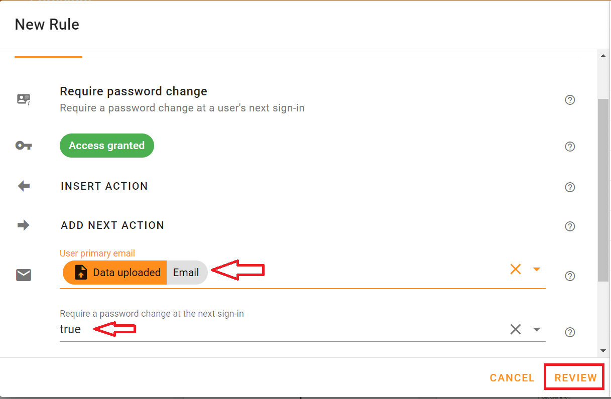 Select Email in the User primary email field and select true in the Require a password change at the next sign-in field
