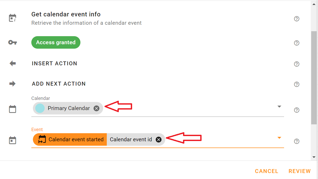 Select Primary Calendar in Calendar and Calendar event id in the Event field